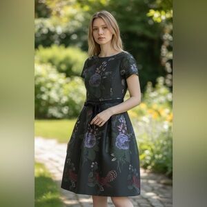 RSVP by Talbots Black Floral Sateen Short Sleeve A-Line Dress With Tie. Size 8.